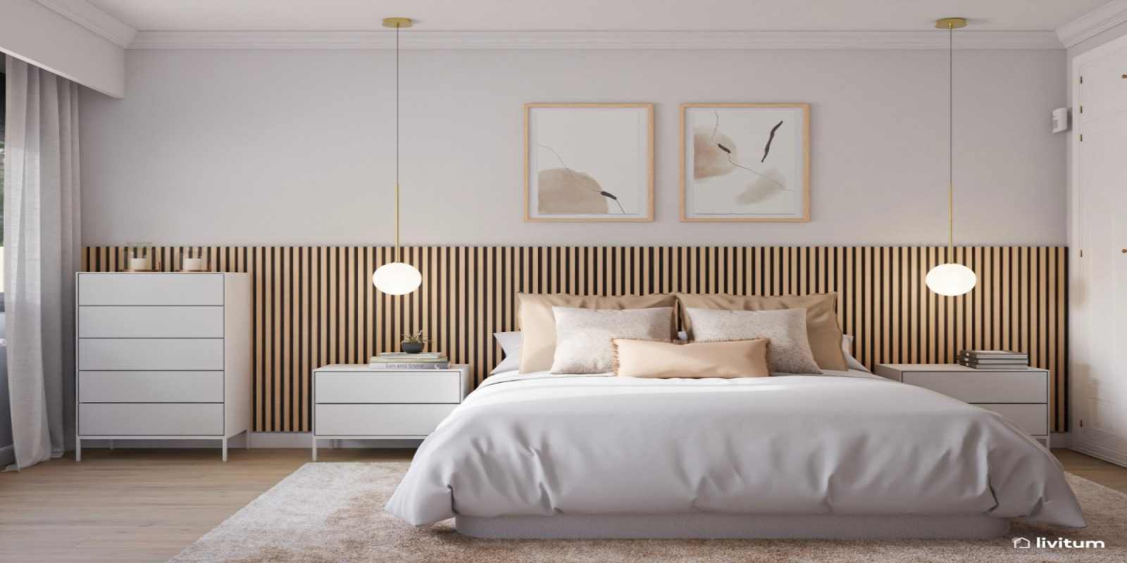 Cama matrimonial moderna con cabecera tapizada en gris oscuro y mesas de noche flotantes