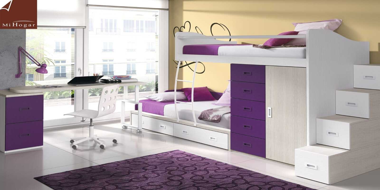 Camarote o litera de dos niveles con escaleras integradas y cajones en la base