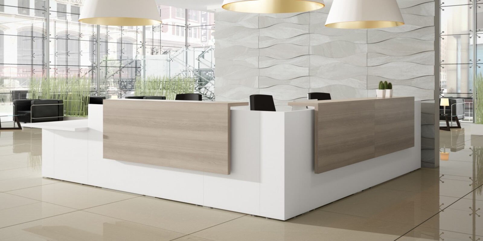 Mueble de recepción moderno y curvo con iluminación LED frontal