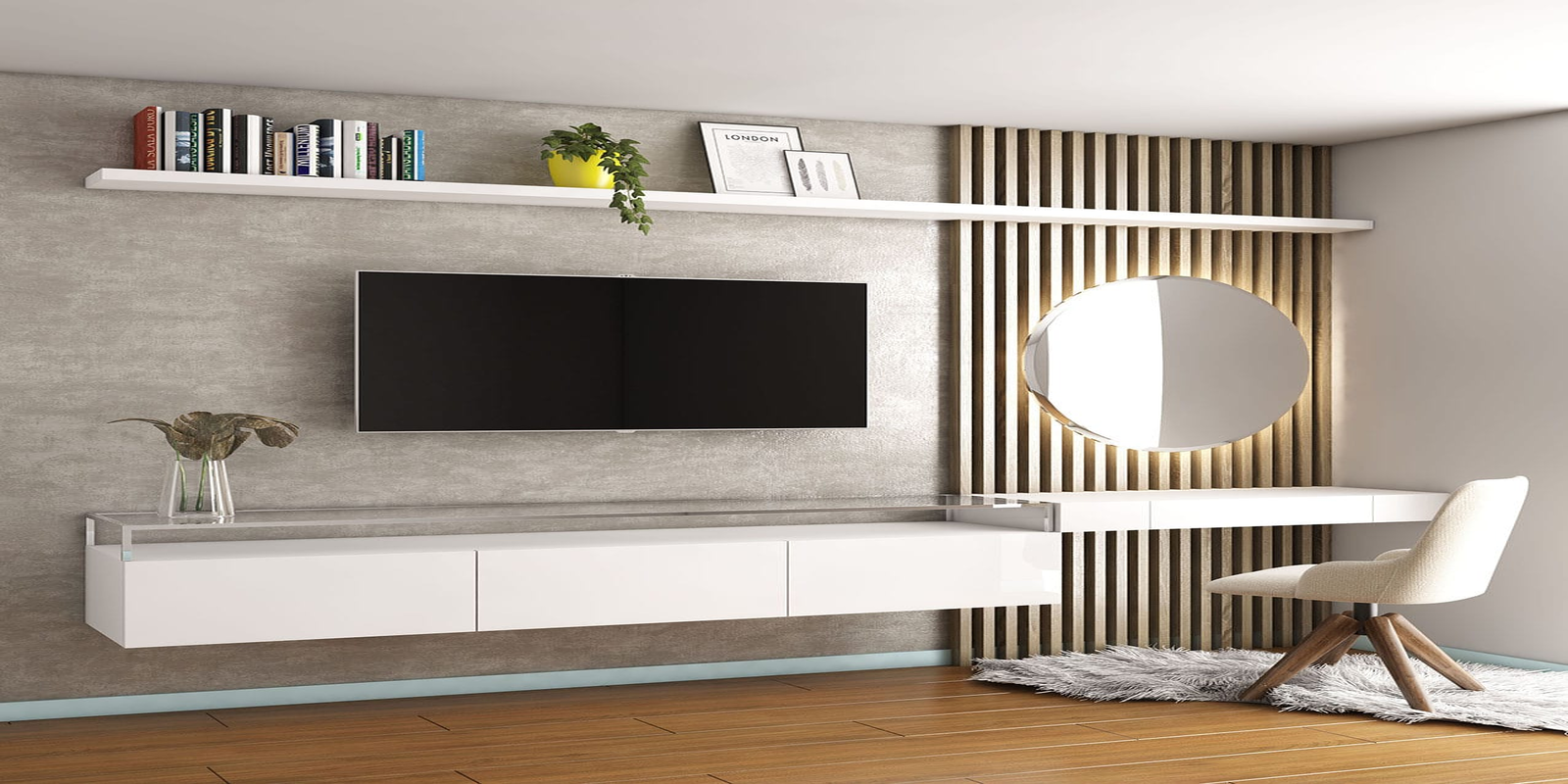 Centro de entretenimiento flotante de melamina gris y wengué con iluminación LED para sala