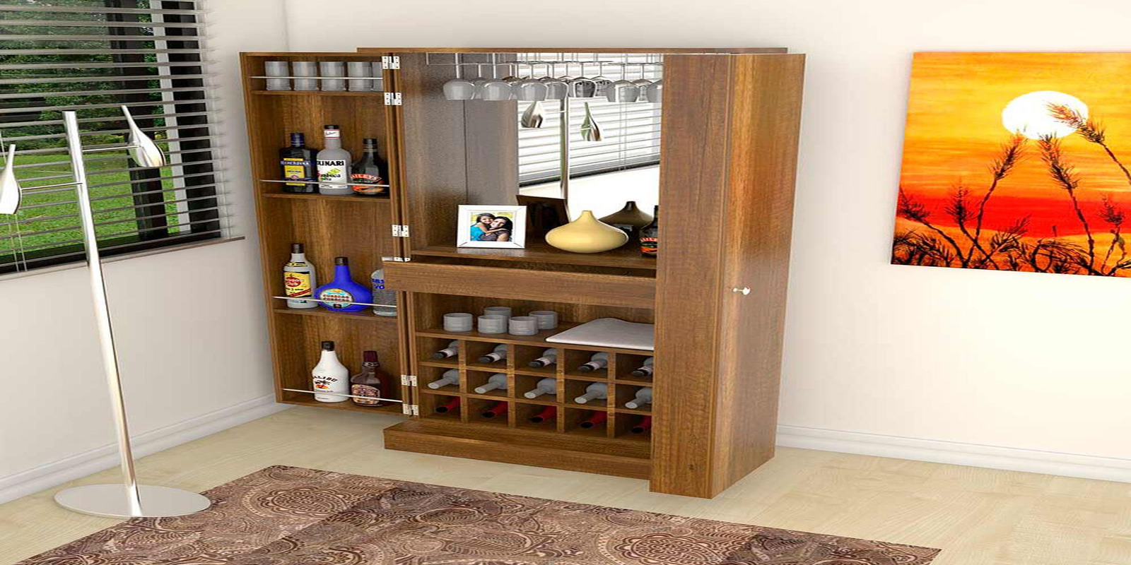 Librero o estantería de sala de pared a pared con espacios asimétricos para decoración y libros